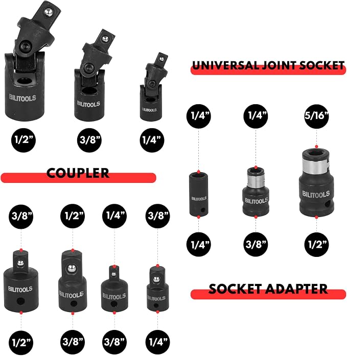 BILITOOLS Socket Adapter Set 17 Piece includes Reducer, Universal Joint Socket Set, Drill Adapter 1/4" 3/8" 1/2"& 18-Piece Drive Tool Accessory Set, includes 1/4" 3/8” & 1/2” Drive Socket E