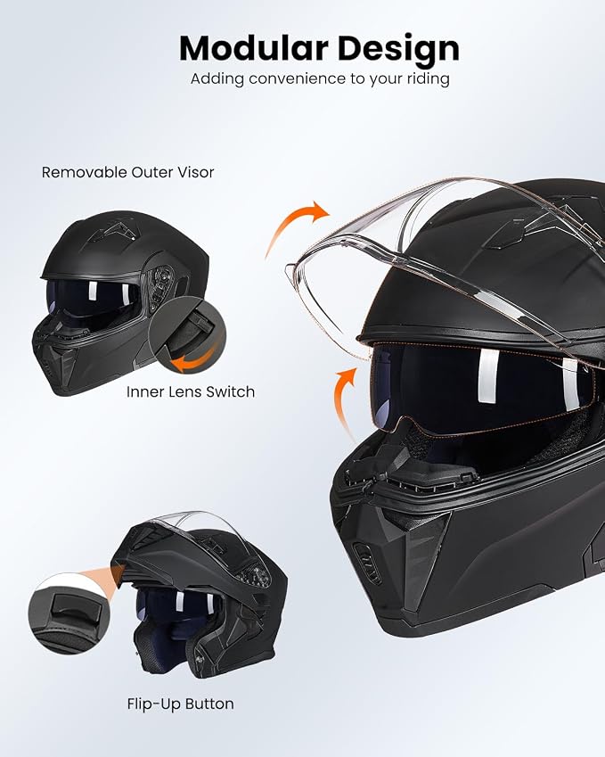 ILM Motorcycle Modular Full Face Helmet for Adult Flip up Dual Visor LED Tail Light Optional DOT
