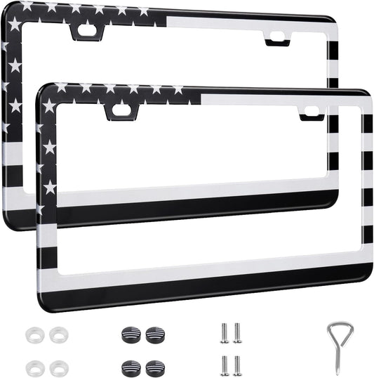 2 Pack License Plate Frames, Stainless Steel Car License Plate Cover Car Accessories with Screw Caps (Grey and Black)