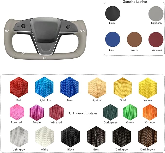 MEWANT Hand Stitch Grey Genuine Leather Steering Wheel Cover for Tesla Model S Plaid Yoke 2021-2023 Model X 2021-2023