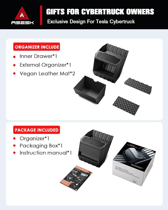 for Tesla Cybertruck 2-in-1 Floor Console Organizer - Push-to-Open Car Trash Can& Console Storage - Waterproof Drawer Organizer with Vegan Leather Mats - Easy to Install for Cybertruck