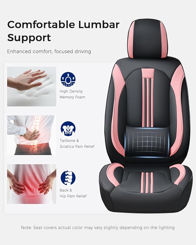 Huidasource Car Seat Cover, Seat Covers Nappa Leather with Lumbar Support, Side Elastic Fabric, Velcro Adjustable, Airbag, Ventilation Heating, Universal Fit for Most Cars SUV Trucks, Black＆Pink