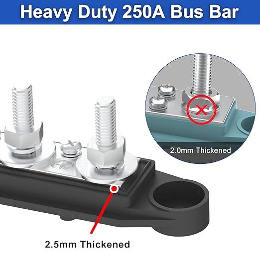 Bus Bar 250A 12V Power Distribution Block with 5/16" (M8) 4-Posts Terminals Block with Cover for Automotive, Marine, Battery System (Black)