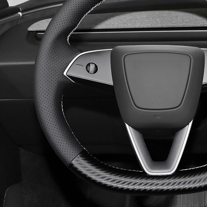 MEWANT Black Matte PU Carbon Fiber Faux Leather Steering Wheel Wrap for Tesla Model3 Highland 2025 Model Y Juniper 2025