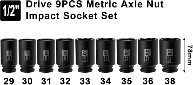 Mayouko 1/2" Drive SAE&Metric Spindle Axle Nut Sockets Set,Deep, 6-Point, CR-MO, 1-3/8" - 1-3/4", 29-38mm