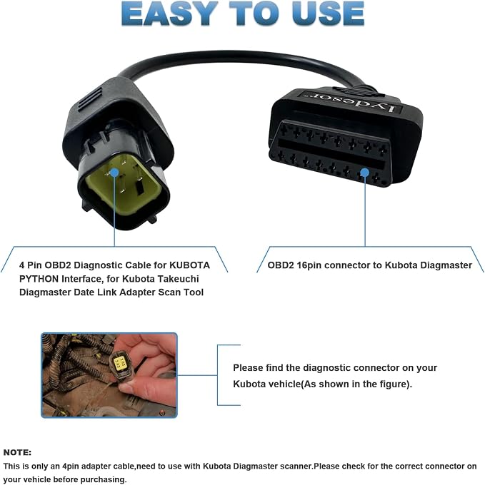 Obd2 Adapter 382426 for KUBOTA 4pin OBD1 to 16pin OBD2 Cable,Fits Kubota Diagmaster Python 4 Pin Diagnostic Interface Connector, Work with Kubota Diagnostic Scanner Tool/OBDii Code Reader