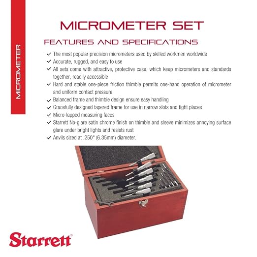 Starrett Outside Micrometer Set with One-Piece Friction Thimble, Satin Chrome Finish and Tapered Frame - Quick and Easy Adjustment, 0-6" Set Range, .001" Graduation - S436.1CXRLZ