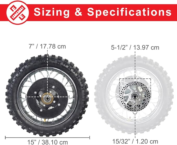 AlveyTech Rear Wheel Assembly for Razor MX500 and MX650 Dirt Rocket Bike - Replacement Kit with 2.5-10 Knobby Tread Tire, Inner Tube, Rim, Axle, Brake Rotor, 80 Tooth Sprocket, Freewheel, Chain Guard