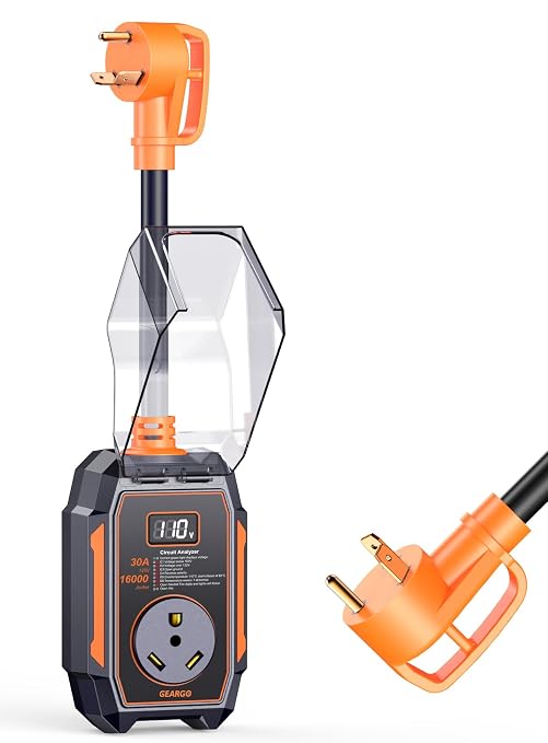 GEARGO 𝟐𝟎𝟐𝟔 Smart RV Surge Protector 30 amp with 16,000J, Auto Shutoff & Reset, Real-time LED Digital Display, IP68 30 amp RV Surge Protector, Full Circuit Analyzer for Travel Trailers