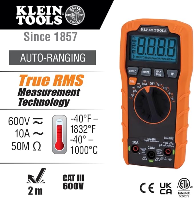 Klein Tools MM420 600V 10A TRMS Multimeter and Magnetic Hanger Bundle