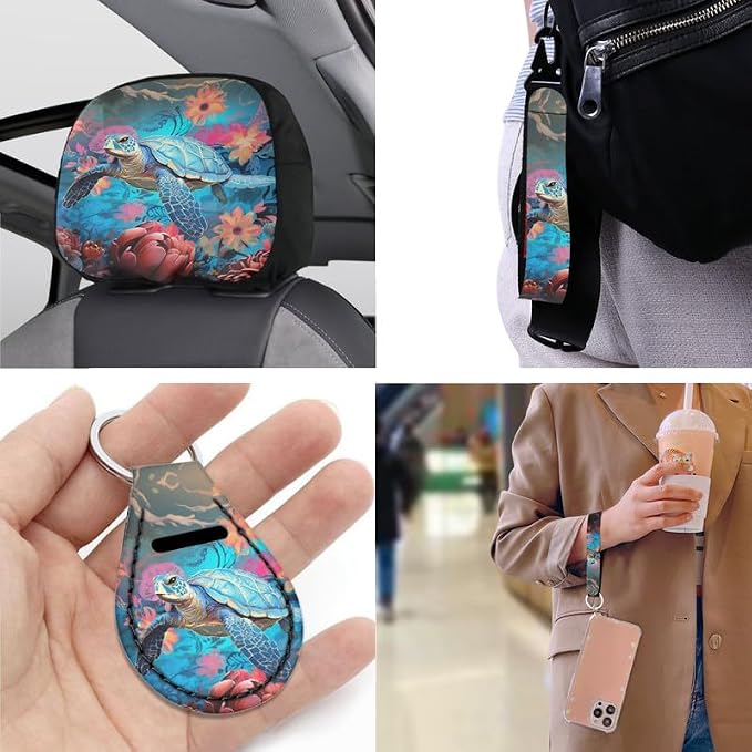 Sea Turtle 13 Pcs Car Seat Covers, Watercolor Floral Ocean Tortoise Universal Driver Seat Cover Protector Armrest Pad, Underwater Animal Steering Wheel Armrest Cover