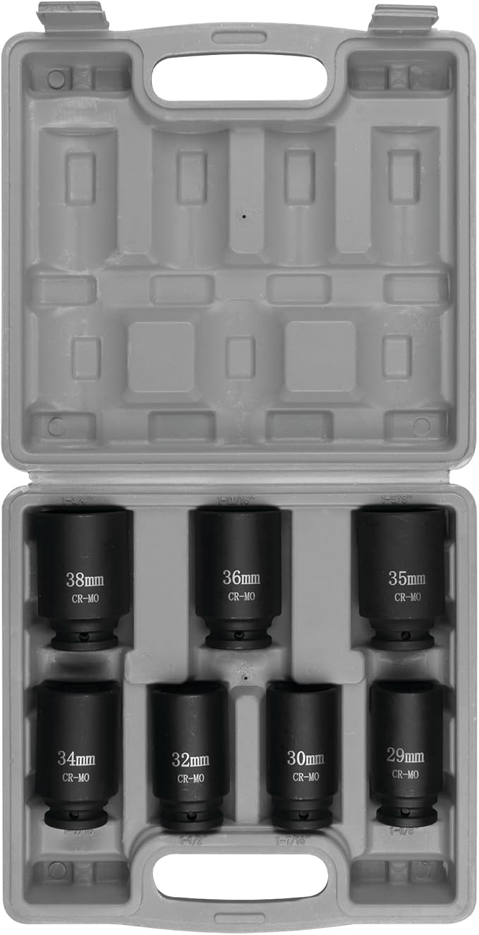 Performance Tool W89323 Axle Nut Socket Set, 1/2" Drive (7 Pieces) - Chrome Molybdenum Steel, Extra-Deep Sockets, Fits Various Domestic and Import Vehicles, Storage Case Included