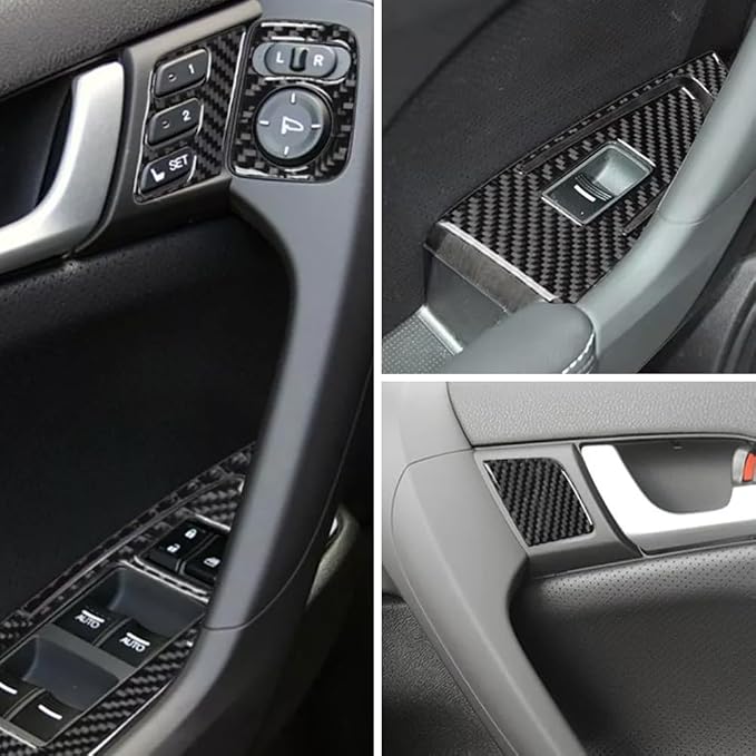 AeroBon TSX Real Carbon Fiber Interior Trim Overlay Compatible with 2009-2014 Acura TSX Sedan and Sport Wagon, 9-Piece Window Switch Panel, Mirror Switch, Seat Memory, Inner Door Handle Trim Cover Set