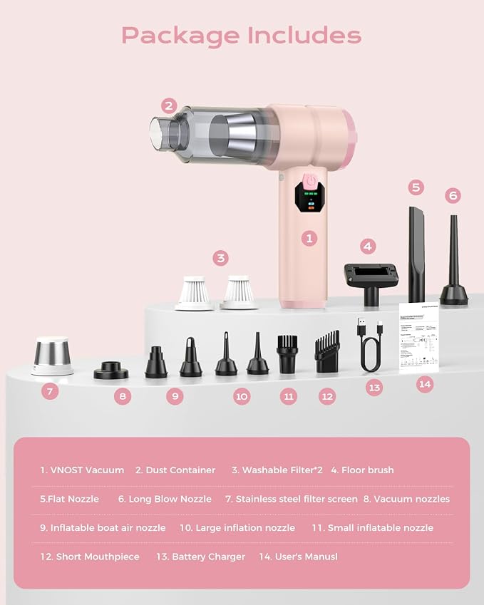 Portable Cordless Car Vacuum,4-in-1 Handheld Cordless Vacuum with 30000Pa Suction, 130000 RPM,6800mAh Battery,10 Nozzles,Rubber Paint Material for Car,Home,Birthday Gifts for Men Dad Husband(Pink)