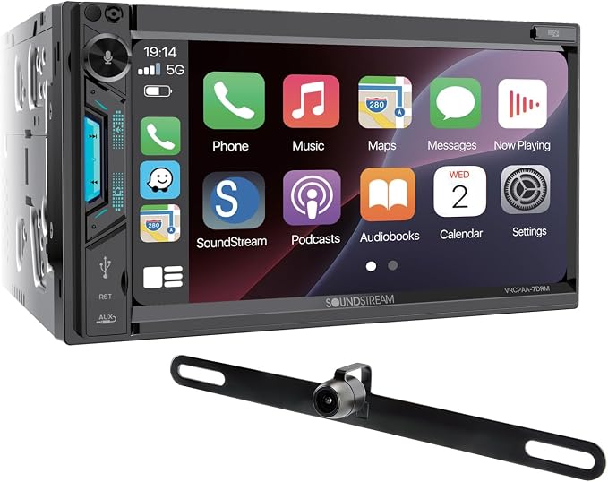 Soundstream VRCPAA-7DRM 7” | Digital Media Receiver, Wireless Apple CarPlay® & Android Auto® Double Din Car Stereo, HD Touchscreen, Bluetooth | USB/microSD Playback | Camera Inputs + Backup Camera