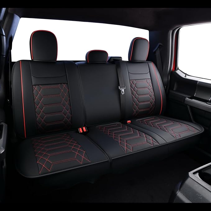 RISINGSTAR F150 Faux Leather Seat Covers, fit for 2015-2026 F150 SuperCrew, and 2017-2026 F250 F350 F450 Super Duty Crew Cab(Full Set, Black&Red)