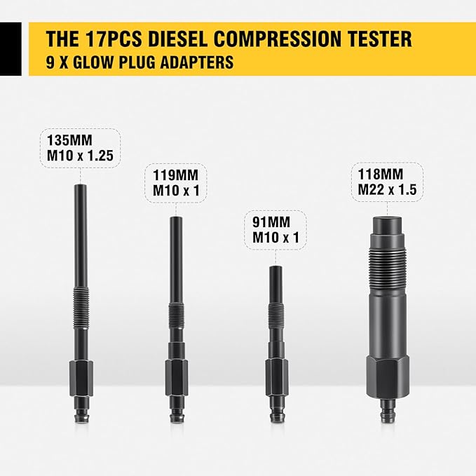 DNA Motoring TU-15B Diesel Engine Compression Gauge Tester with Gauge & Adapters, Cylinder Pressure Meter Teste Tool Kit for Trucks Cars, TOOLS-00336