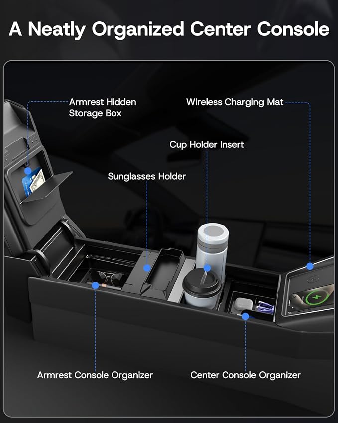 Center Console Organizer Tray for Tesla Model 3 Highland 2024-2026 & Model Y Juniper (Premium & Performance), 8PCS - PC Material & Silent Silicone Sunglasses Holder Armrest Hidden Storage Box