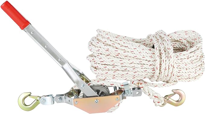 VEVOR Rope Puller, 3/4 Ton (1,653 lbs) Pulling Capacity, with 100' of 0.6" dia. Rope, 2 Hook, Come Along Winch, Heavy Duty Ratchet Power Puller Tool for Moving Boats, Securing Items, Transporting Logs