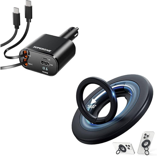 SUPERONE Retractable Car Charger & MagSafe Phone Ring Holder Grip