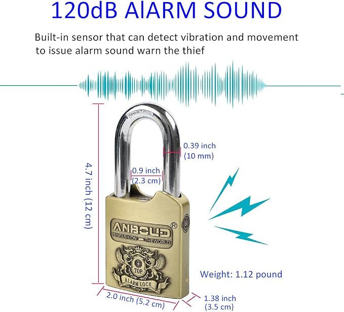 Alarm Padlock - Anti-Theft Heavy Duty Security Alarm Lock - 120db Alarm Sound - Weather Proof for Door Storehouse Truck with 4 Keys (10mm) Bronze