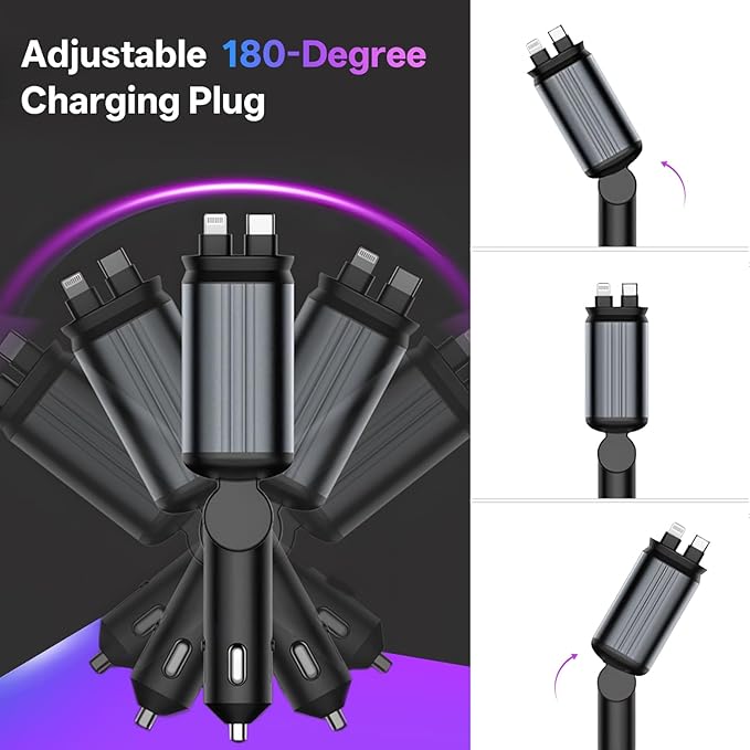 BERTHALESS Retractable Car Charger, 4 in 1 Fast Charging Car Charger USB-C & USB-A Compatible with iPhone 16/15/14/13/12/11,Galaxy,Pixel