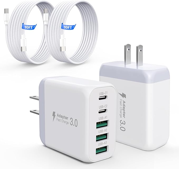 60W USB C Charger Block for iPhone 17 16 15,EIZLXQ 2-Pack USB C Wall Charger with Total 60W Max Output,10FT USB C Cable,Fast Charging Blocks for iPhone 17/16/15 Series,Galaxy,Pixel,iPad-Cream