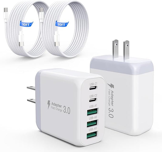 60W USB C Charger Block for iPhone 17 16 15,EIZLXQ 2-Pack USB C Wall Charger with Total 60W Max Output,10FT USB C Cable,Fast Charging Blocks for iPhone 17/16/15 Series,Galaxy,Pixel,iPad-Cream