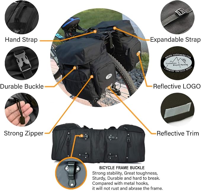 Dreamoon 50L Bike Panniers, Waterproof Bicycle Commuting Bag with Rain Cover, Rear Seat Bag for Rack Width Under 6.3 Inches, Reflective Trim for Safety, Cycling Organizer (Black)