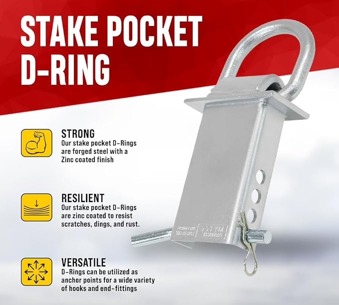 Mytee Products 6 Pack 5/8 Inch Stake Pocket D Rings, 18000 lbs | Zinc Coated Heavy Duty Adjustable Trailer Stake Pocket Tie Down Utility for Flatbed Trucks & Trailer w/Hitch Pin, 4 Holes