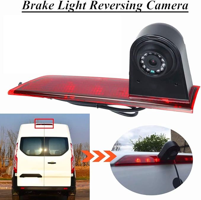 Brake Light Backup Camera Compatible for Ford Transit Custom Rear High Level Brake Light Reversing Parking Camera from 2012-2015 with 7 inch Clip-on Mirror Monitor