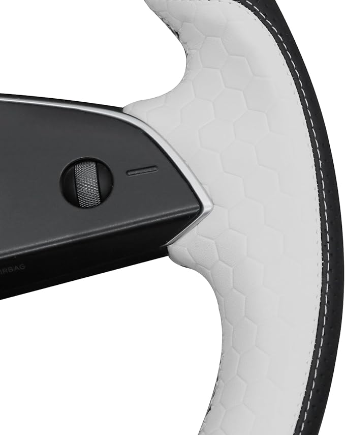 MEWANT Stitching Black White Embossed Faux Leather Steering Wheel Cover for Tesla Model 3 Highland 2025 Model Y Juniper