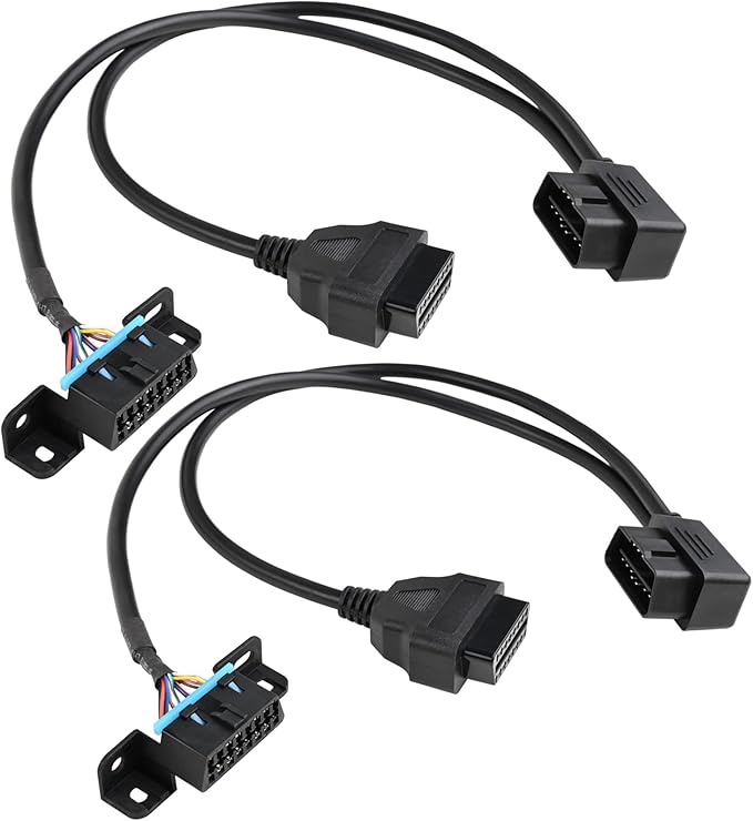 iKKEGOL Pack of 2 Right Angle Universal OBD2 OBD II 16 Pin Splitter Y Open Cable, J1962 1 Male to 2 Female Connector with Underdash Mount Bracket 50cm/20