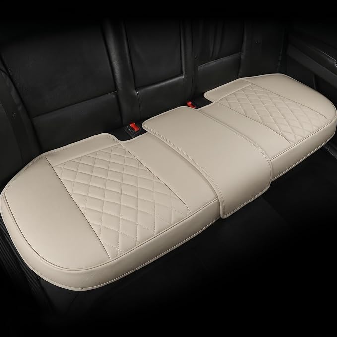Beige Bottom Seat Cover for Cars Front Seats & Back Bench Full Set, Luxury Faux Leather Automative Seat Cushion Cover, Anti-Slip, Waterproof, Universal Fit