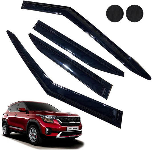 Rain Guards for Seltos 2021-2023, Tape-on Side Window Deflectors, Window Visors for Kia Cars - 4 Rain Guards & 2 Car Coasters