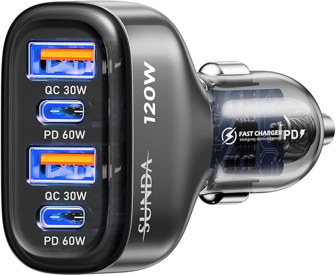 SUNDA 120W USB C Fast Car Charger, 4-Ports Car Charger Adapter, Dual Type C PD60W/PPS60W Compatible with iPhone17/16Pro/Max/iPhone15/Galaxy/SamsungS25, Dual USB-A 18W QC3.0 for Android(Gray)