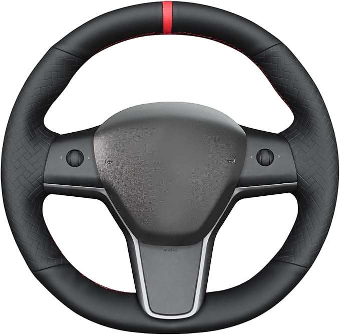 MEWANT Hand Stitch Black Woven Embossed Artificial Leather Steering Wheel Cover for Tesla Model Y 2023 Model 3 2017-2023