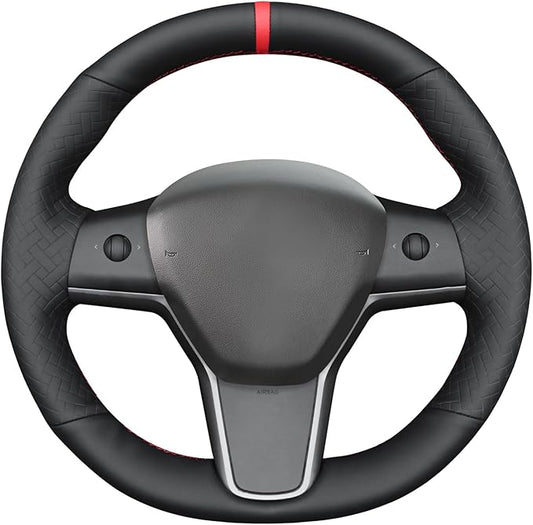 MEWANT Hand Stitch Black Woven Embossed Artificial Leather Steering Wheel Cover for Tesla Model Y 2023 Model 3 2017-2023