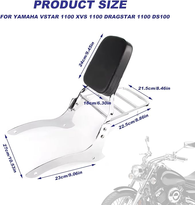 Motorcycle Sissy Bar & Passenger Sissy Bar Backrest with Luggage Carrier Rack for Yamaha VStar Dragstar 1100 XVS1100 DS1100 (Chrome)