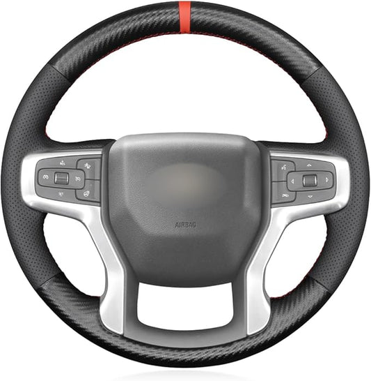MEWANT DIY Black PU Carbon Fiber Real Leather Steering Wheel Cover for Chevy Silverado 1500 2500 Suburban Tahoe Blazer