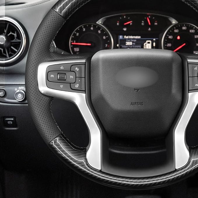MEWANT DIY Black Genuine Leather PU Carbon Fiber Steering Wheel Wrap for Chevy Blazer Silverado 1500 2500 Suburban Tahoe