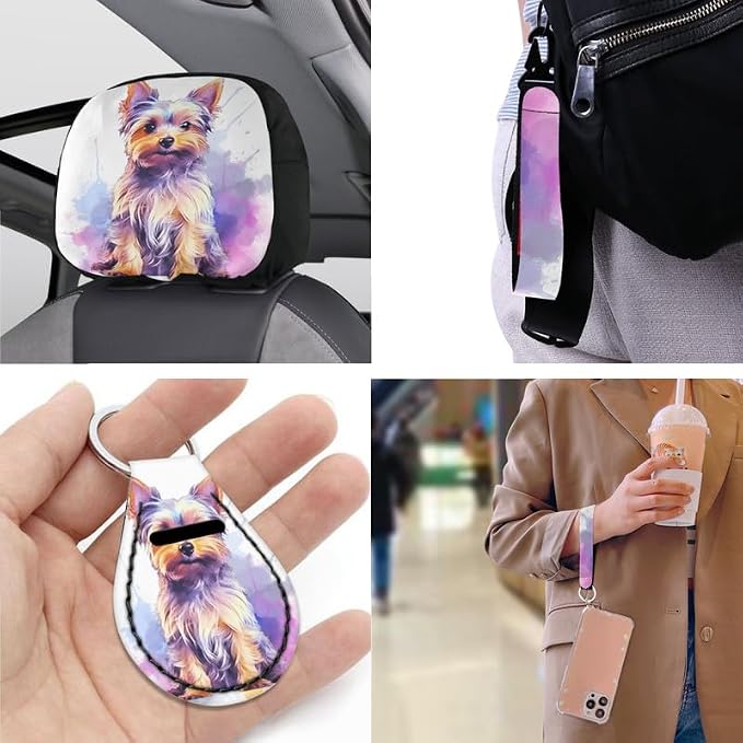 Cartoon Yorkshire Print 13 Pack Car Accessories for Women Cute Watercolor Puppy Dog Seatbelt Pad Armrest Cushion Keychain Cup Holder Coaster Pads Decor Accessory, White