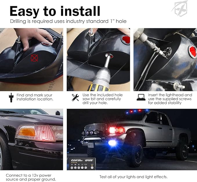 Xprite Red Blue LED Hideaway Strobe Police Lights Kit, 20 Flashing Patterns w/Control Panel for Headlights Taillights Hazard Warning Mounting, for Emergency Vehicles Volunteer Cop Cars Trucks 6PCS