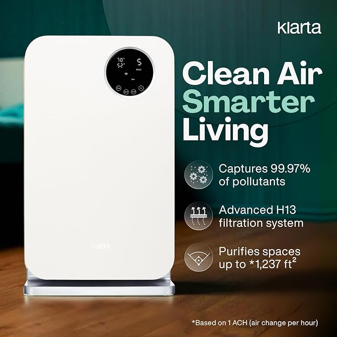 Air Purifier for Home - Smart WiFi App - Ultra Quiet 20 dB - Removes Allergens, Smoke & Odors - 99.97% Particle Filtration - Up to 1237 ft² - Klarta Forste Wood Black