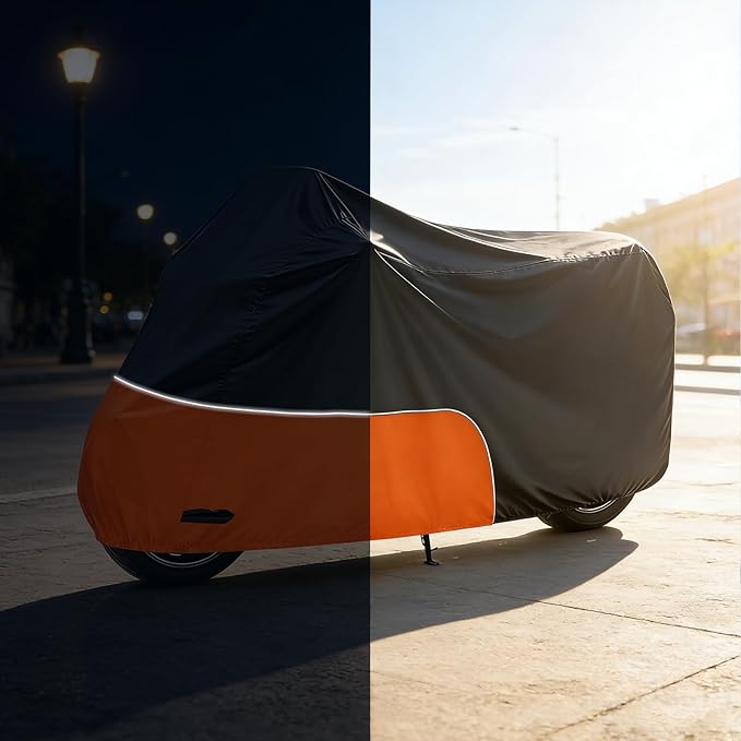 Motorcycle Cover 96 Inch with Relfection Strip, Compatible with Harley Davidson,Yamaha, Honda, Suzuki, Kawasaki All Weather Waterproof Outdoor and Dustproof Indoor, Black&Orange
