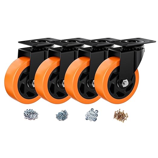 4" Swivel Plate Casters Set of 4 Heavy Duty 1200 lbs | Orange PU, Non-Marking, Quiet. 1200 Lbs/4 Casters. No Brake - Continuous Rolling. Black Rustproof Bracket. Workshop, Garage