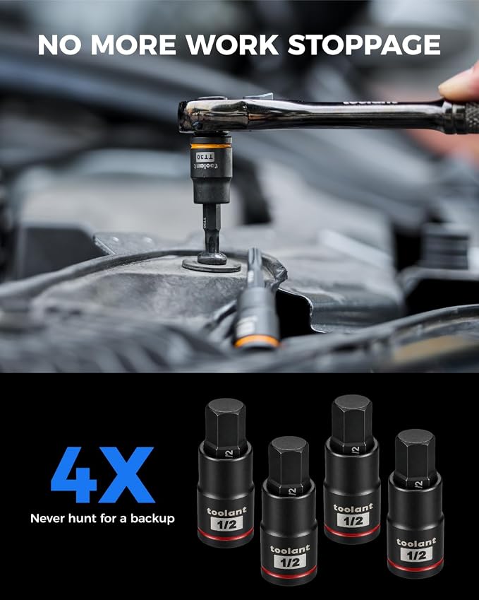 toolant Hex H1/2" Impact Bit Socket Set 4pcs, 3/8" S2 Steel Air Drive Star Sockets, Long High Impact Bits, Professional Mechanic & Automotive Repair Socket Set