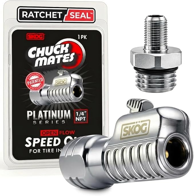 SKÖG Chuck Mates Platinum 1/4" F-NPT Quick-Connect Tire Air Chuck with 8mm Adapter (Open Flow) for Trigger-Type or Portable Tire Inflators