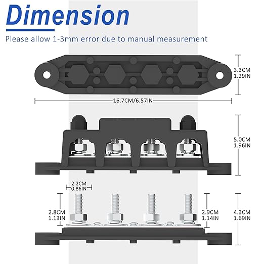 Bus Bar 250A 12V Power Distribution Block with 5/16" (M8) 4-Posts Terminals Block with Cover for Automotive, Marine, Battery System (Black)