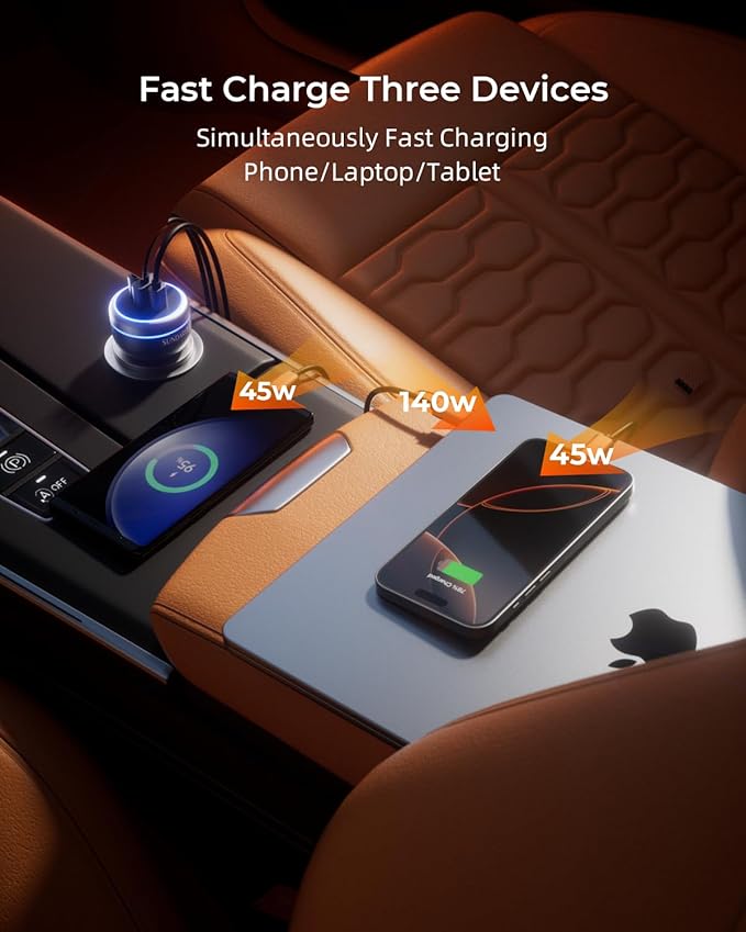 SUNDAREE 230W USB C Fast Car Charger, 3-Ports Mutiple Car Charger Adapter, Fast Charging PD140W/PPS63W/QC45W Compatible with iPhone16/15Pro/MacBook/iPad/Laptop/SamsungS24,Cigarette Lighter USB Charger